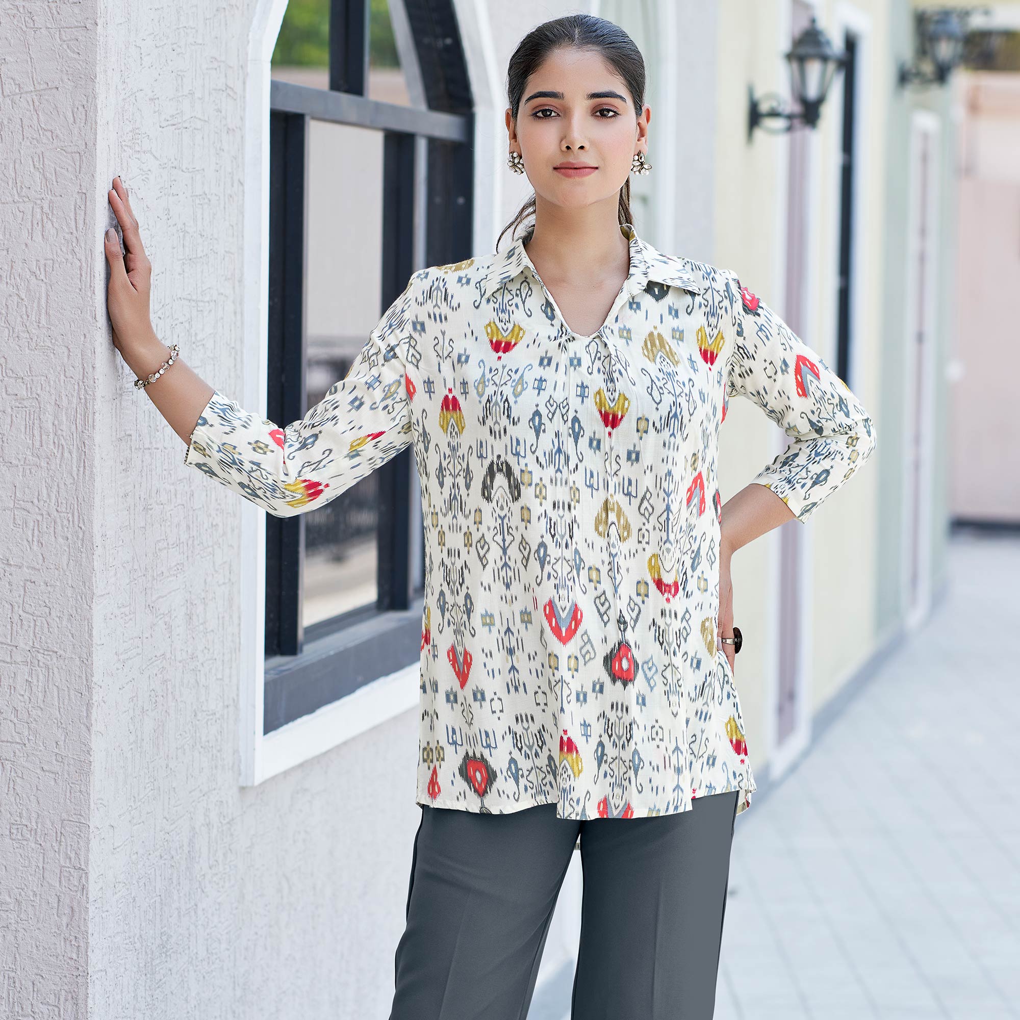 White & Red Printed Chanderi Silk A-Line Top