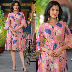 Pink Floral Foil Printed Chiffon A-Line Dress