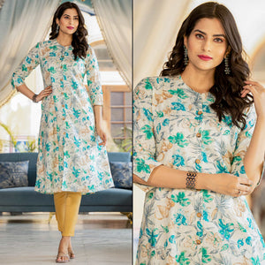 Cream & Green Floral Printed Pure Cotton Shifley Dress