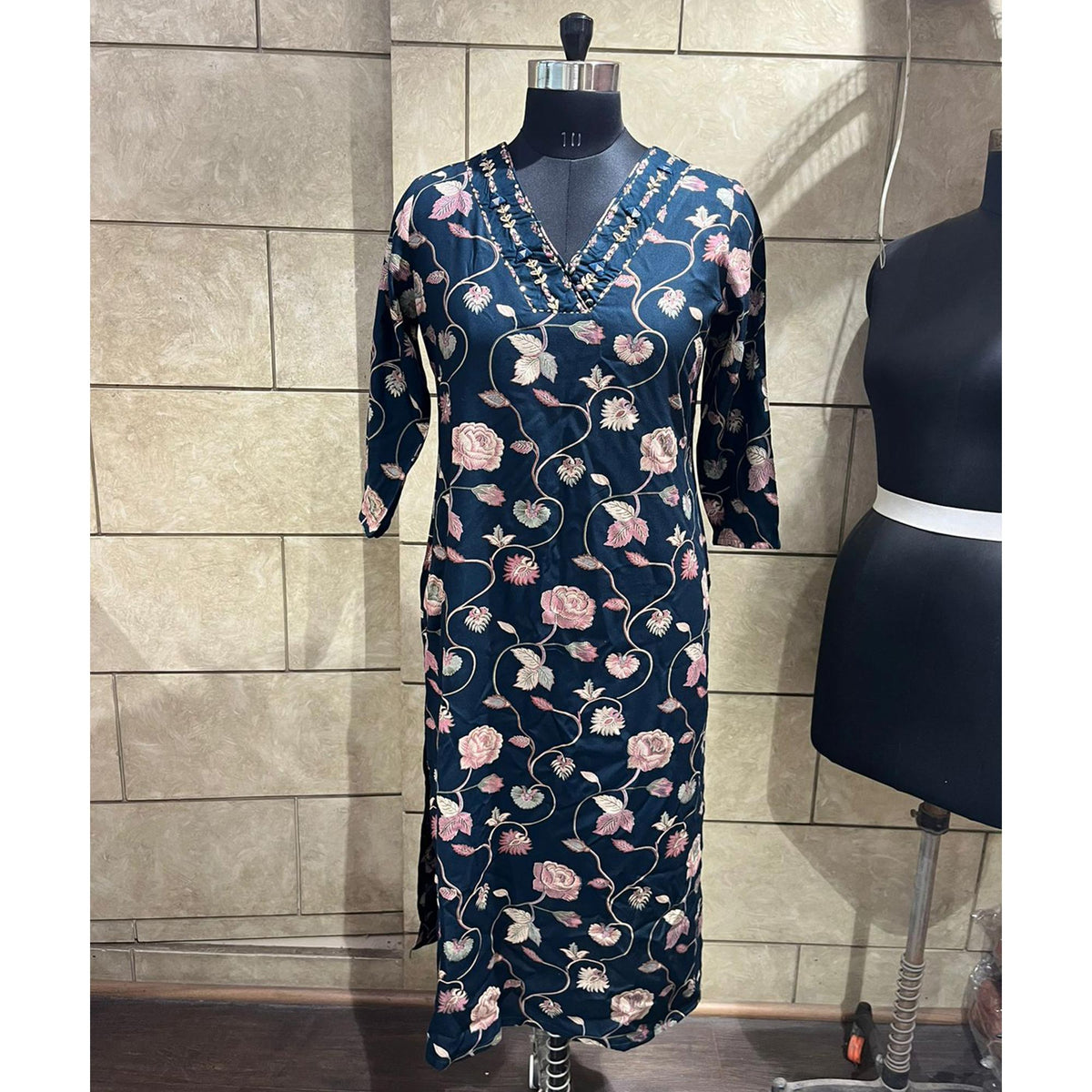 Navy Blue Floral Printed Rayon Straight Salwar Suit