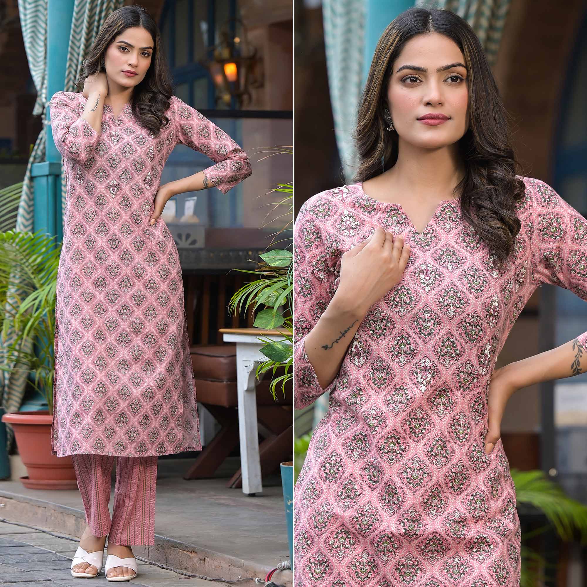 Pink Floral Printed Pure Cotton Kurti Set