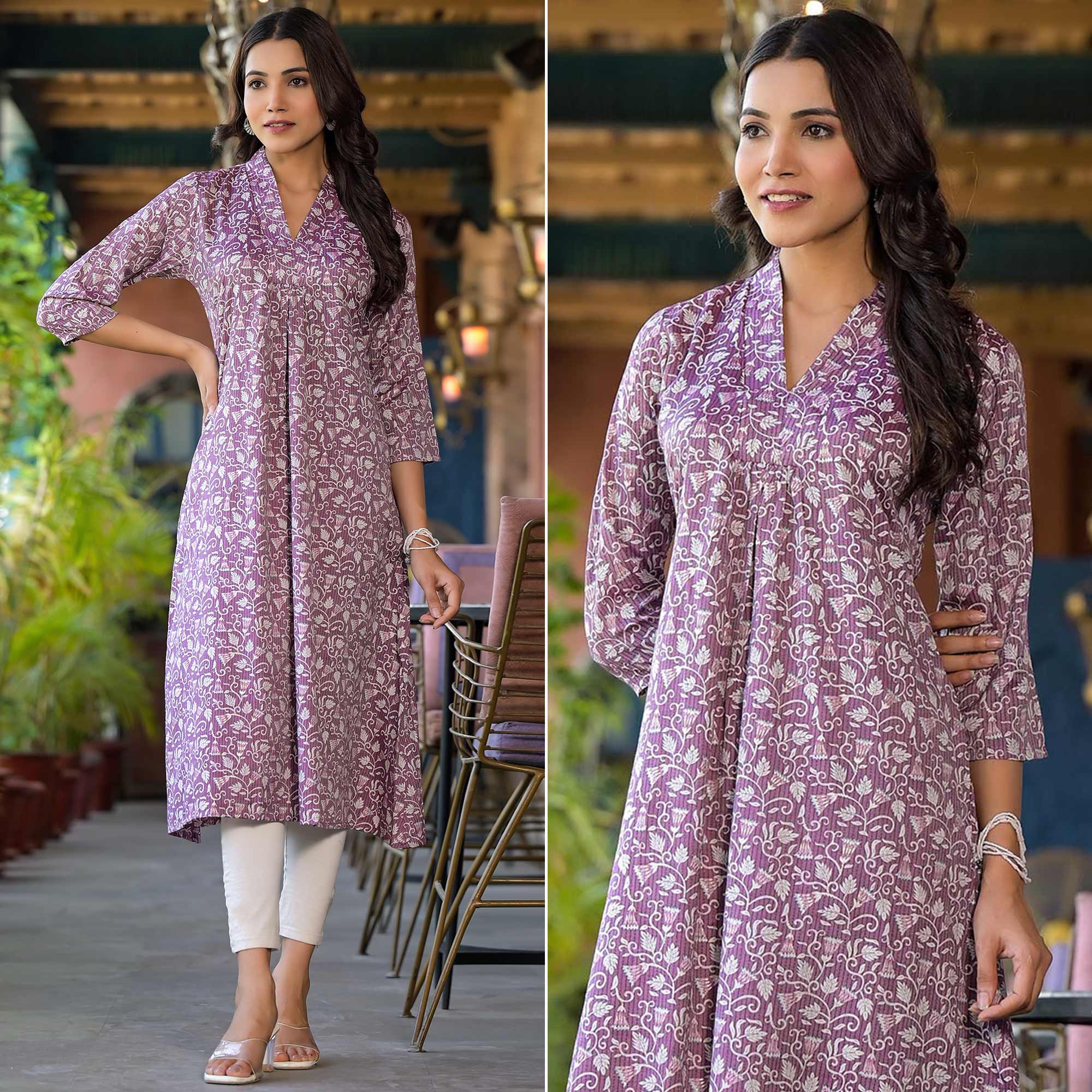 Purple Floral Printed Rayon A-line Kurti
