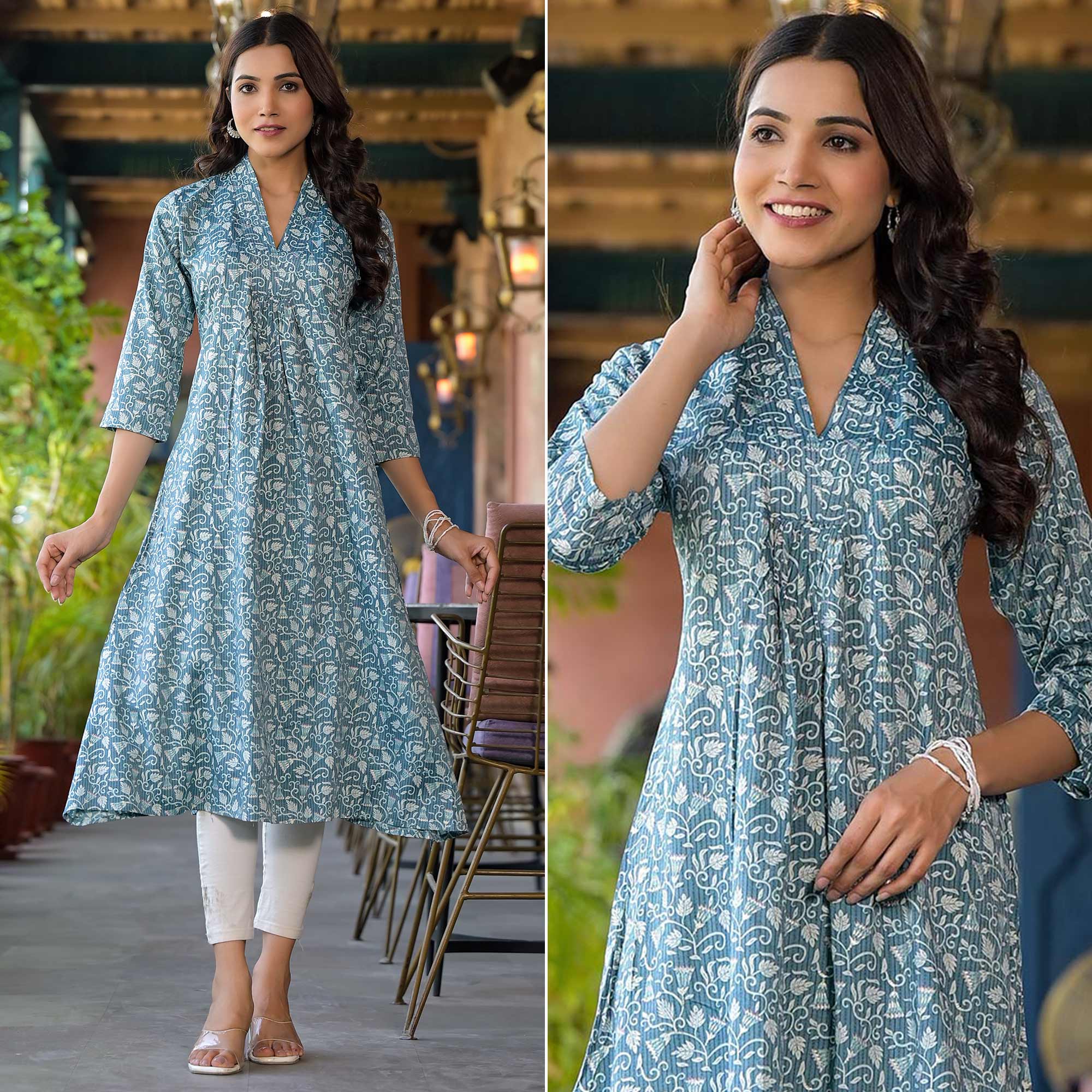 Turquoise Floral Printed Rayon A-line Kurti