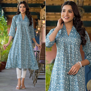 Turquoise Floral Printed Rayon A-line Kurti