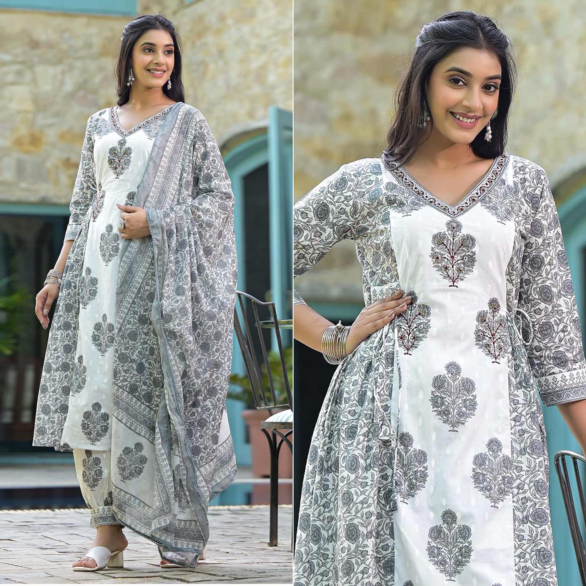 White Floral Printed Pure Cotton Salwar Suit With Beads Work