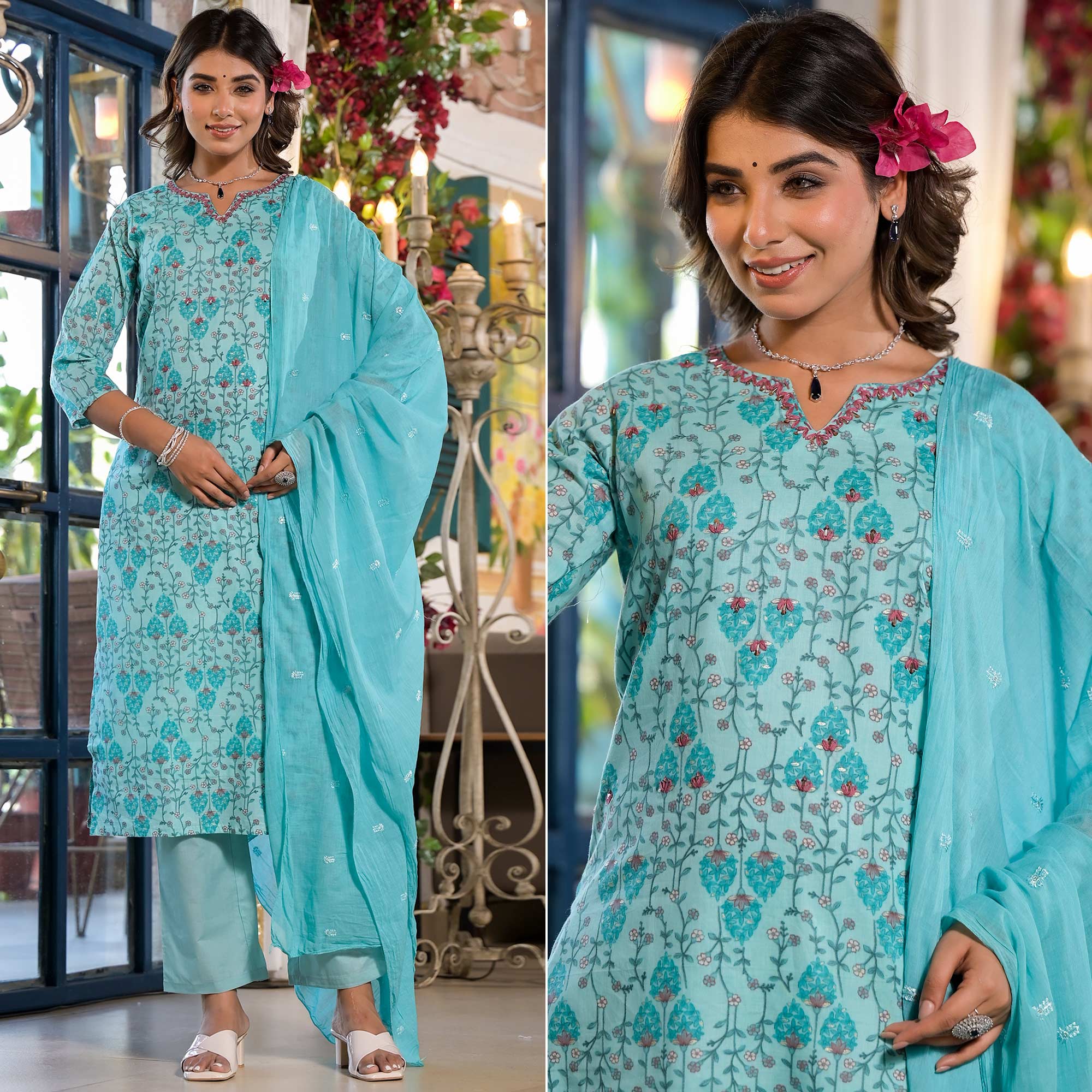 Sky Blue Floral Printed Mulmul Cotton Straight Salwar Suit
