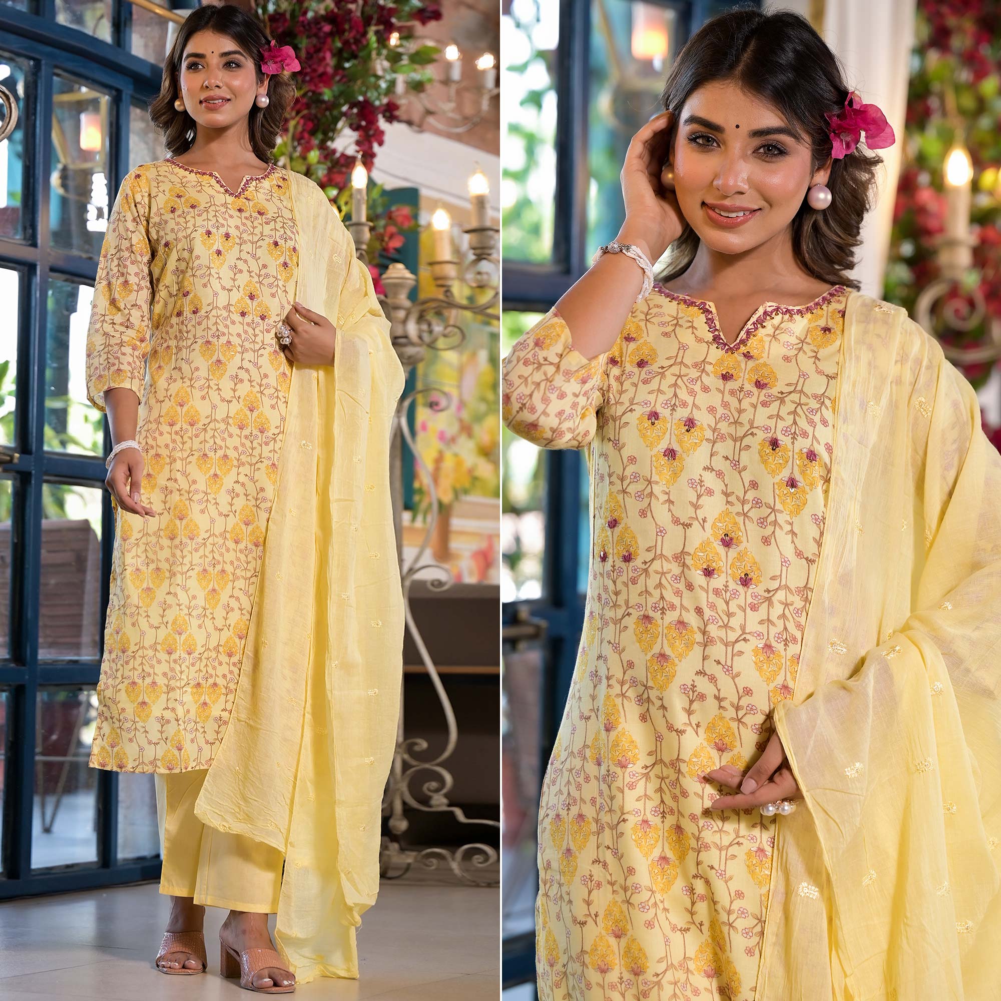Yellow Floral Printed Mulmul Cotton Straight Salwar Suit
