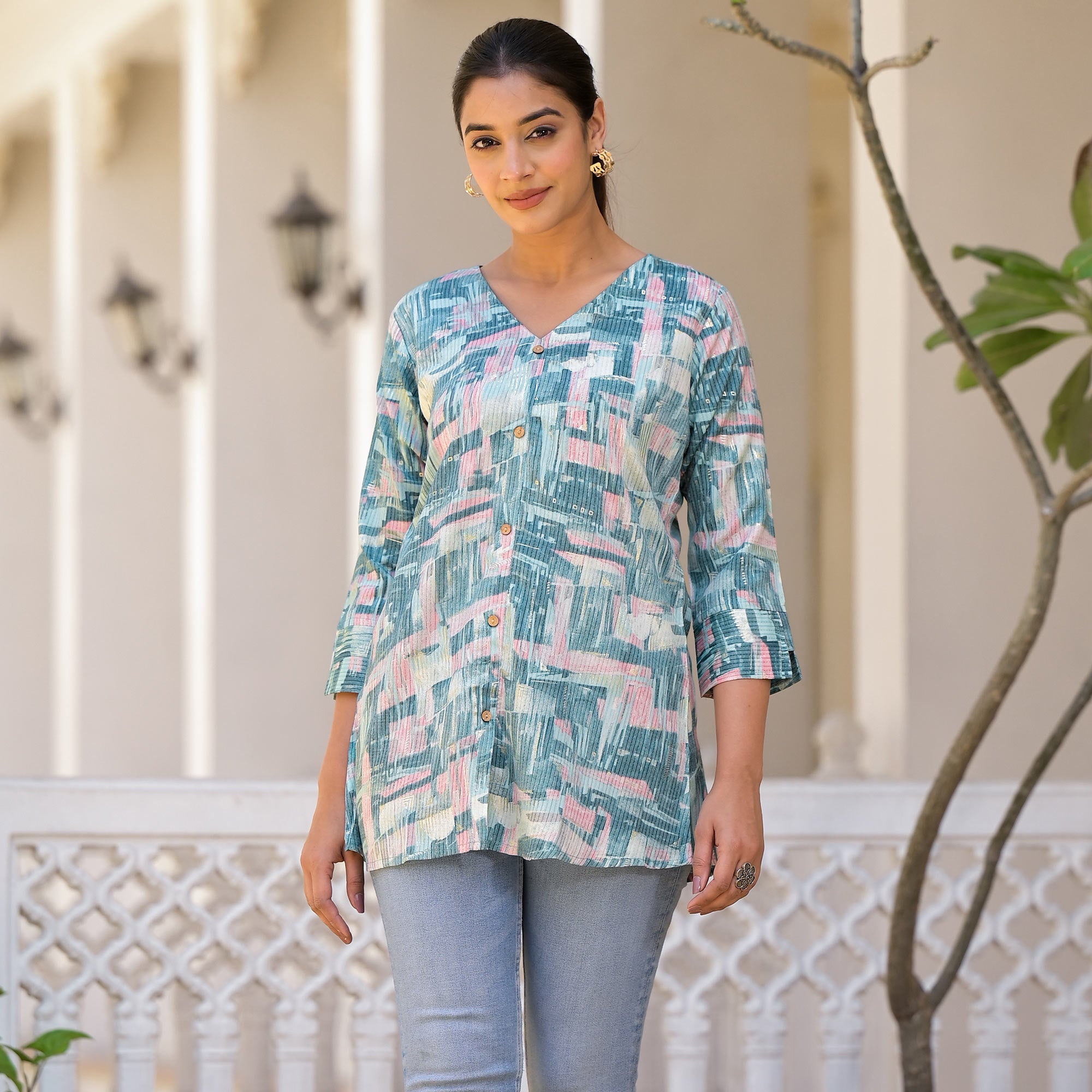 Blue Printed Rayon A-Line Top