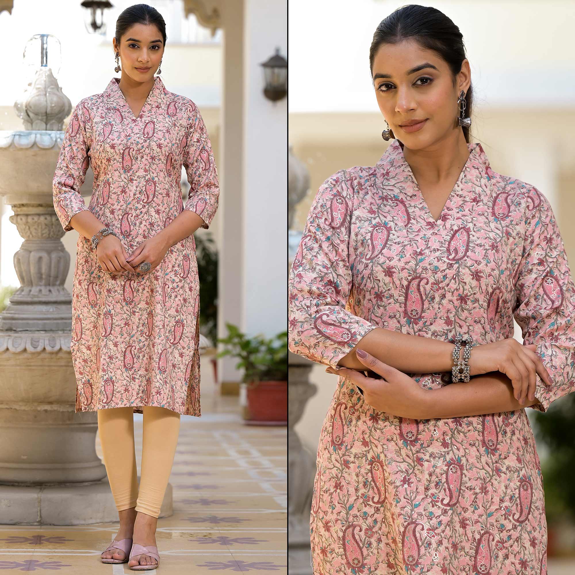 Pink Floral Printed Rayon Straight Kurti