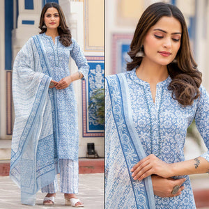 Blue Floral Printed Pure Cotton Salwar Suit