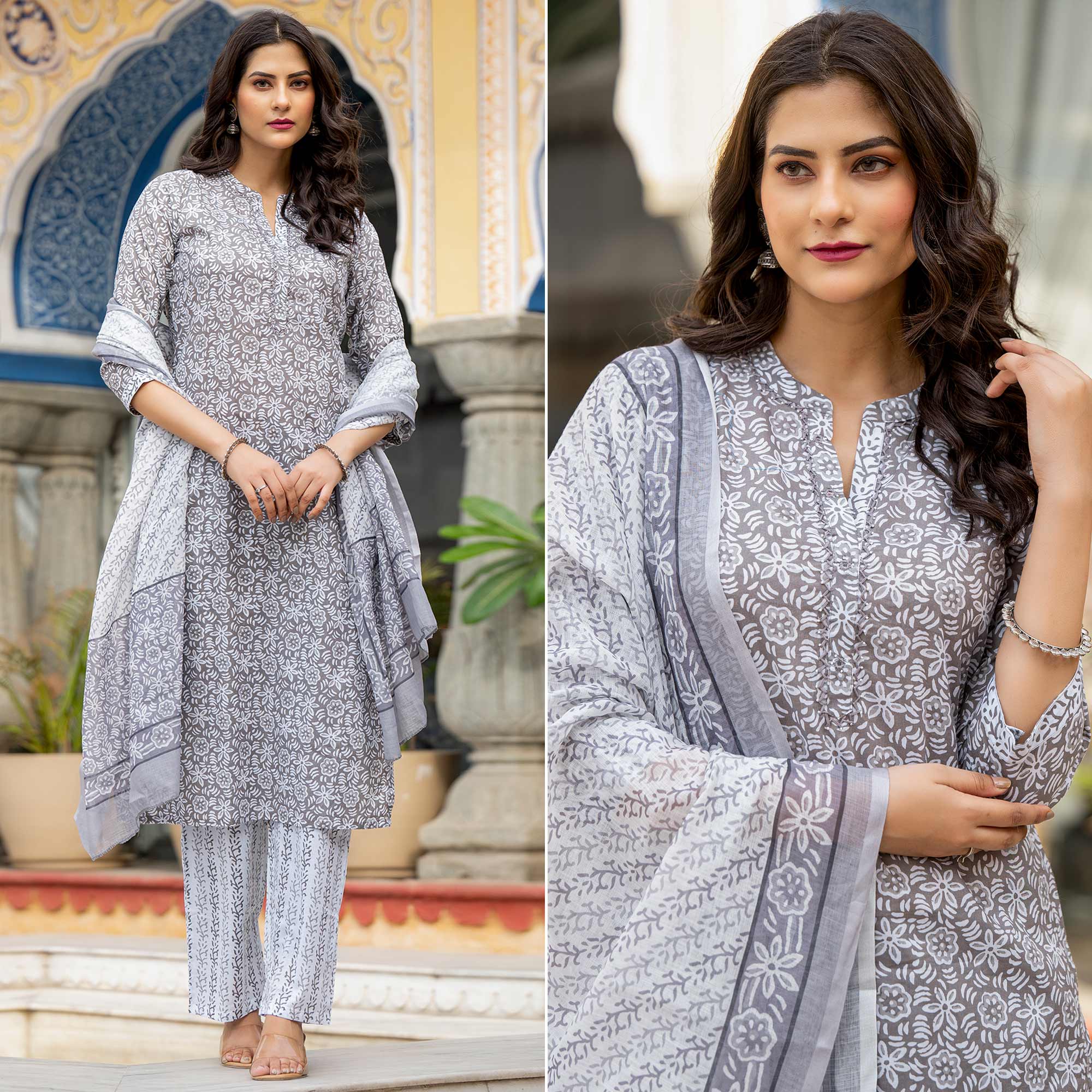 Grey Floral Printed Pure Cotton Salwar Suit