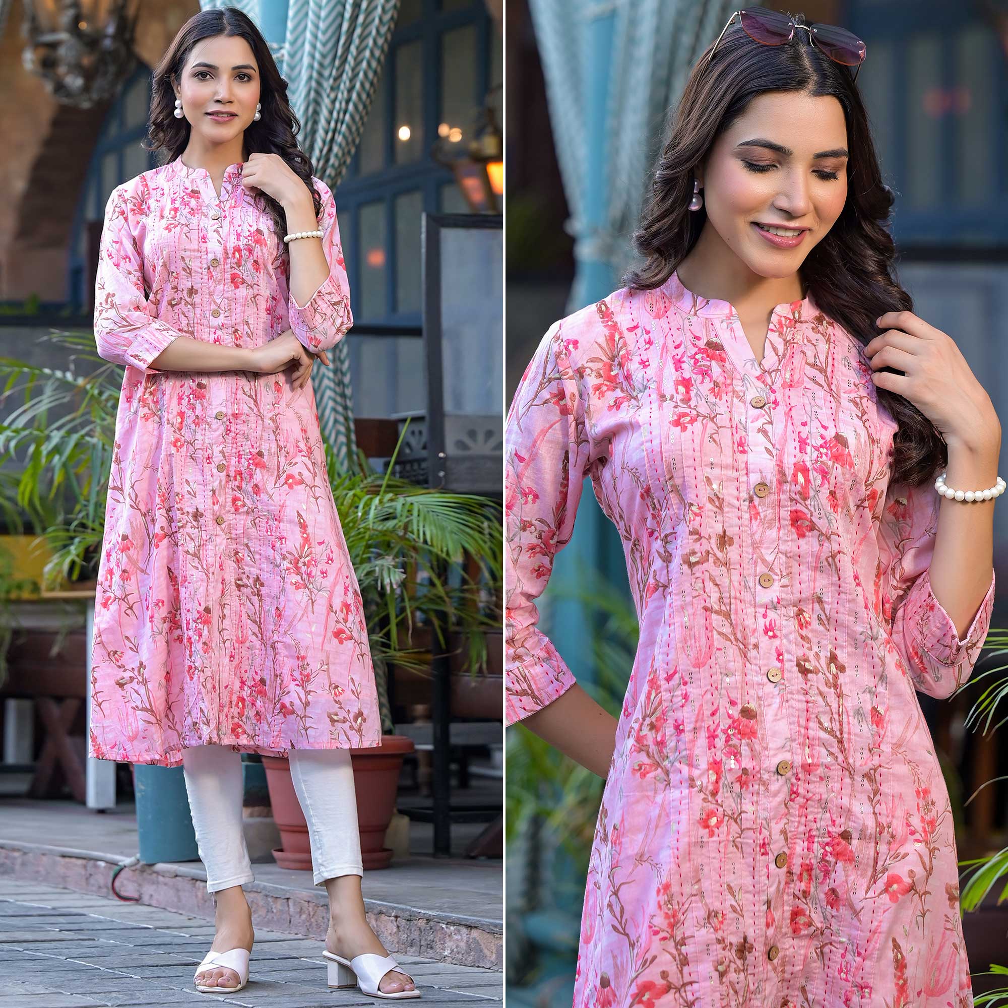 Peach Floral Foil Printed Pure Cotton Front Slit Kurti