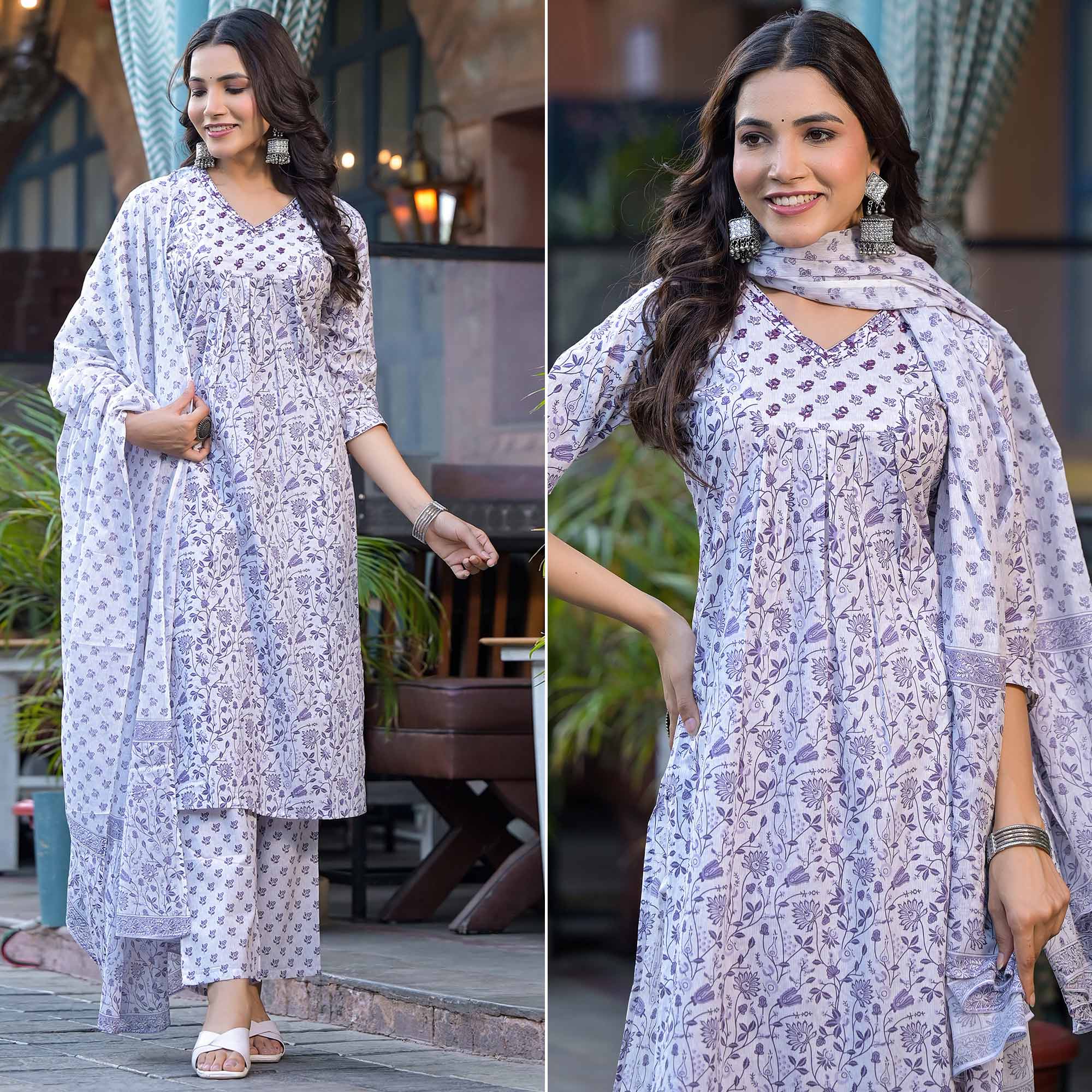 White Floral Printed Pure Cotton Straight Salwar Suit