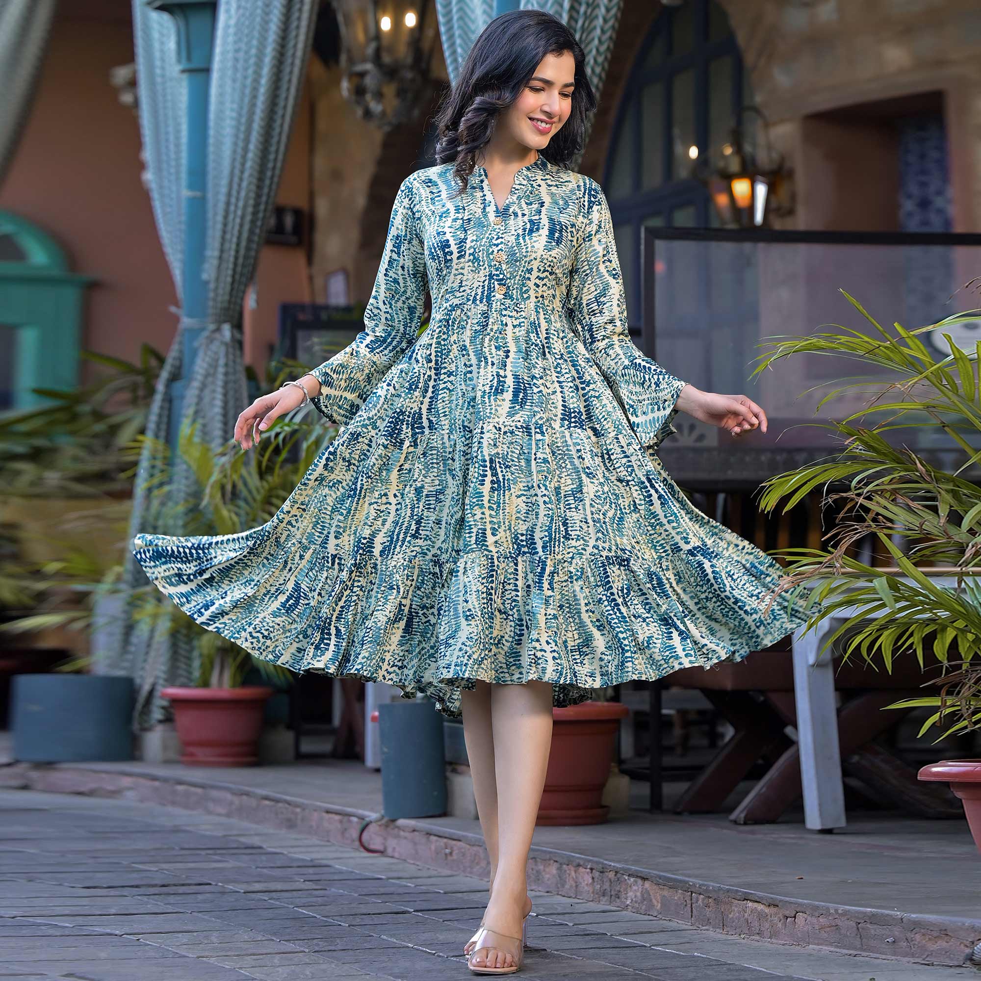 Morpich Blue Printed Rayon Anarkali Dress