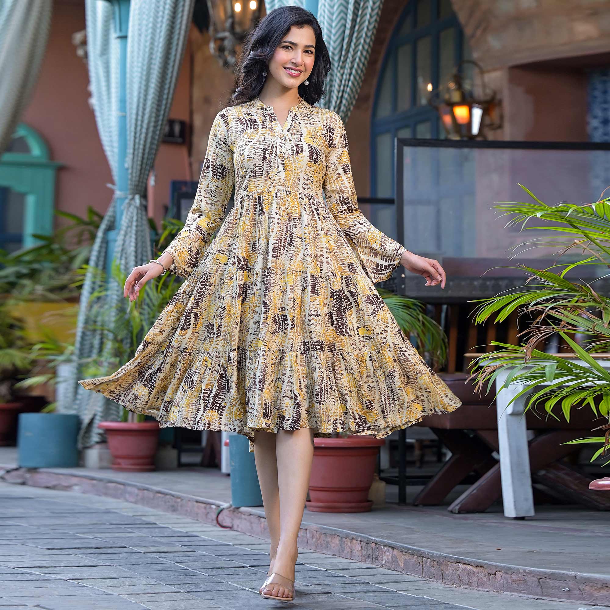 Yellow Printed Rayon Anarkali Dress