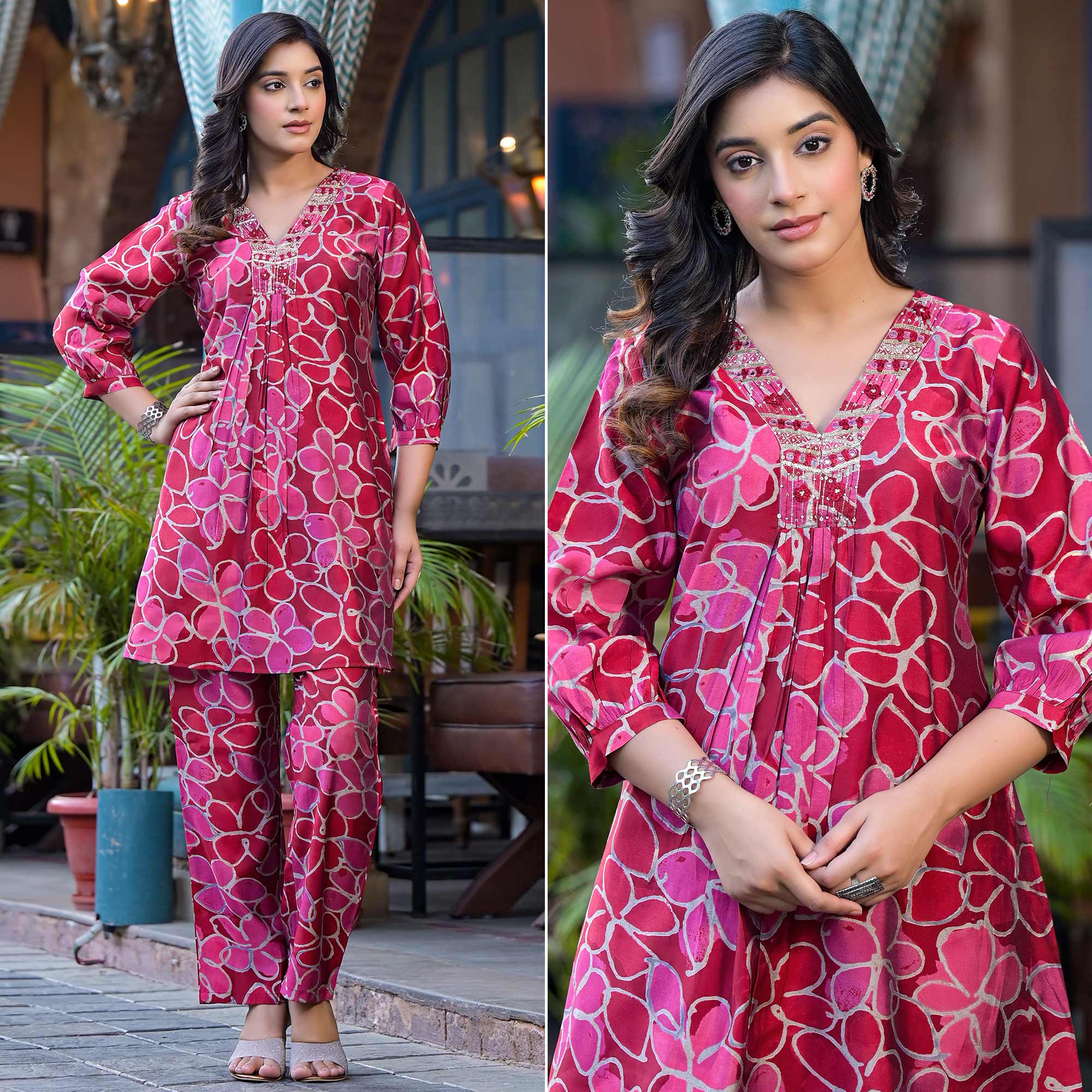 Red Floral Printed Chanderi Silk Co-Ord Set