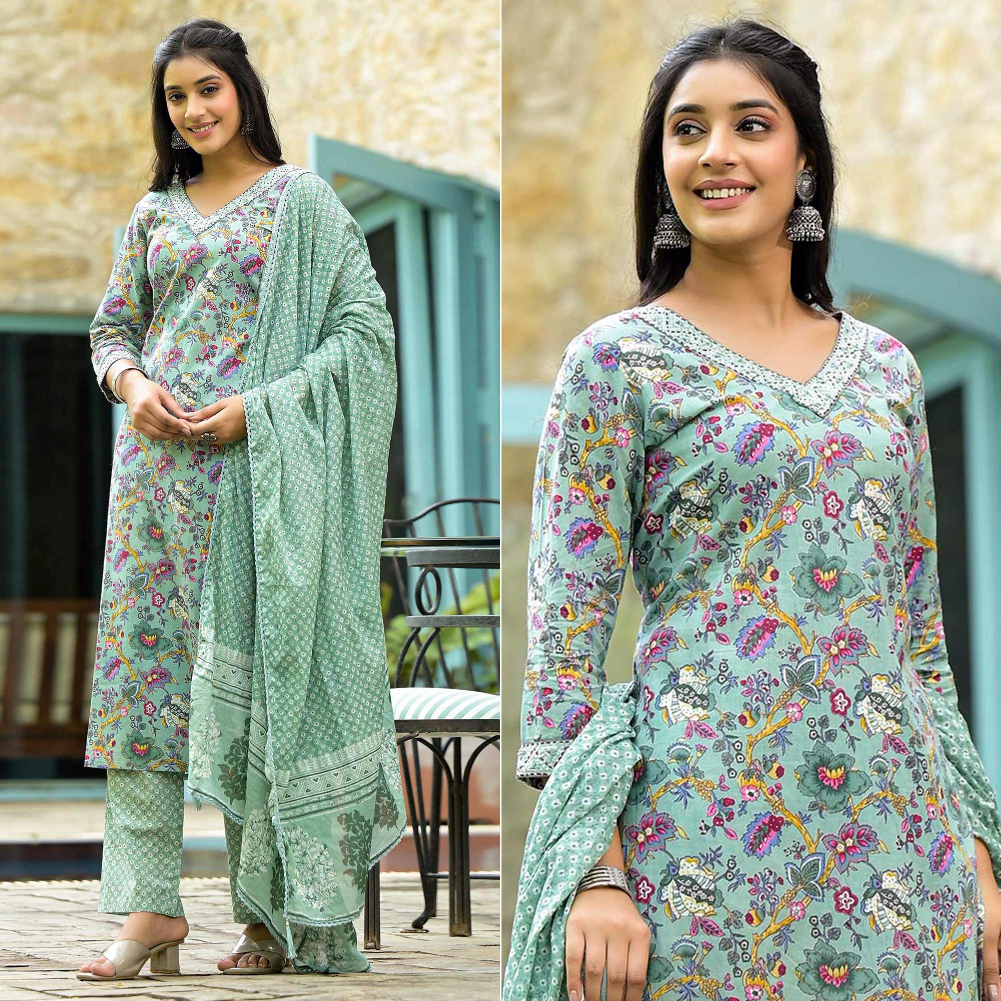Sea Green Floral Printed With Embroidery Pure Cotton Straight Salwar Suit