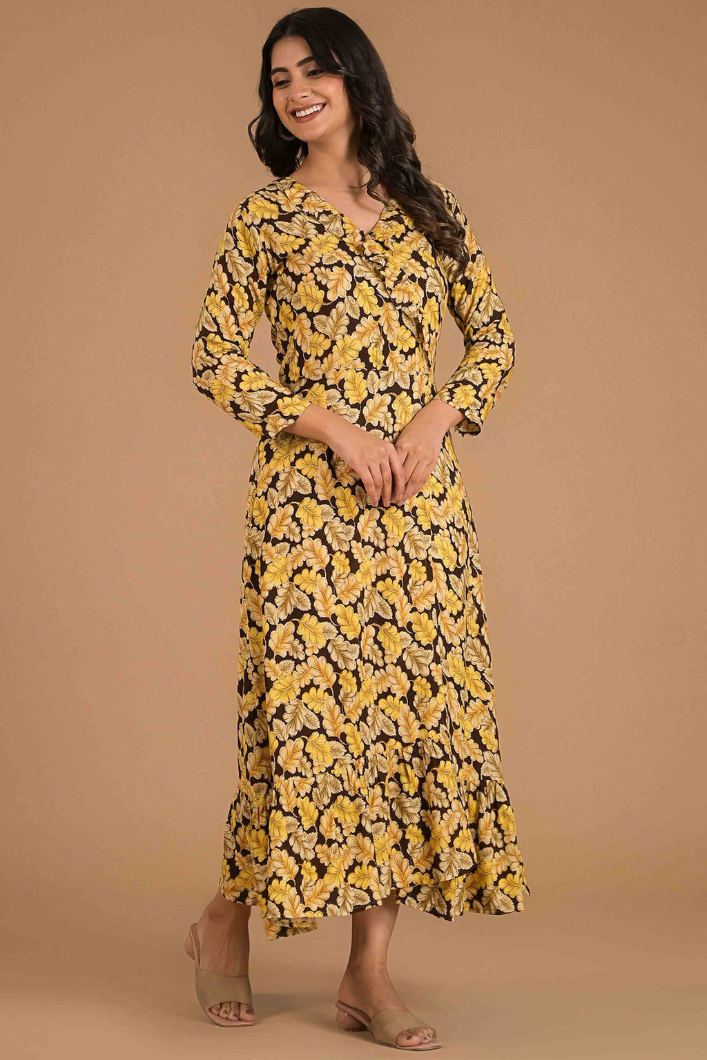 Vintage Mustard Maxi Leaf Print Dress main image 0