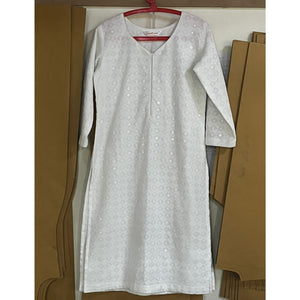 White Sequins Embroidered Rayon Straight Kurti