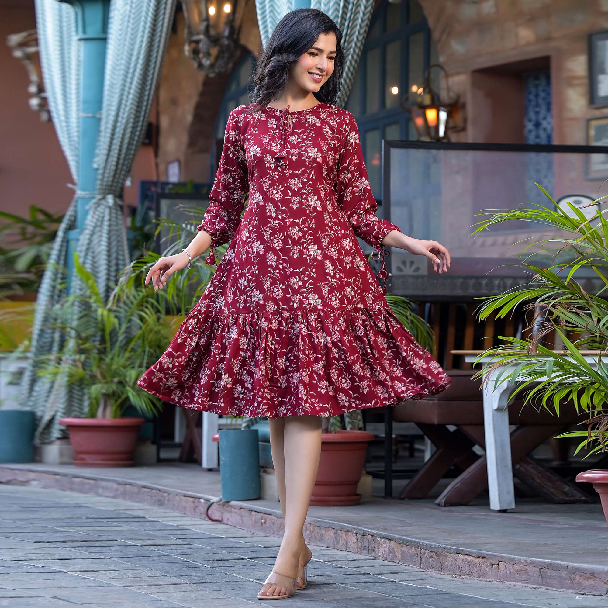 Red Floral Printed Rayon Dress