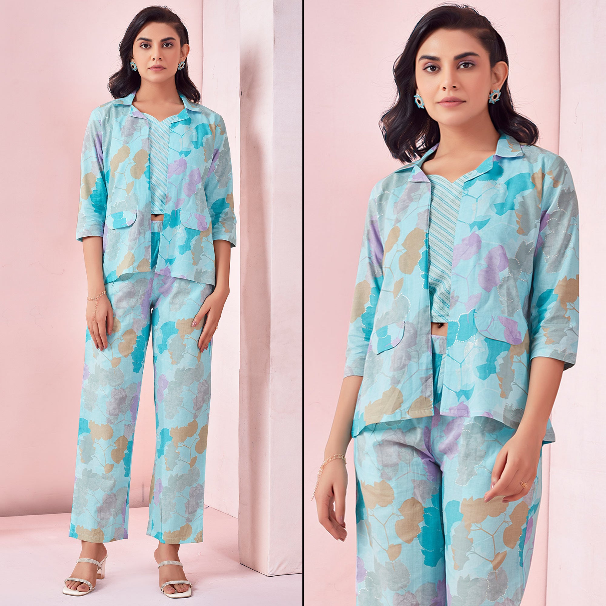 Sky Blue Floral Printed Pure Cotton Co-ord Set With Jacket