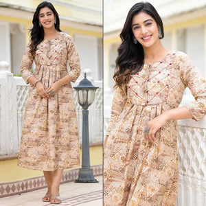 Mustard Floral Printed Pure Cotton A-Line Dress