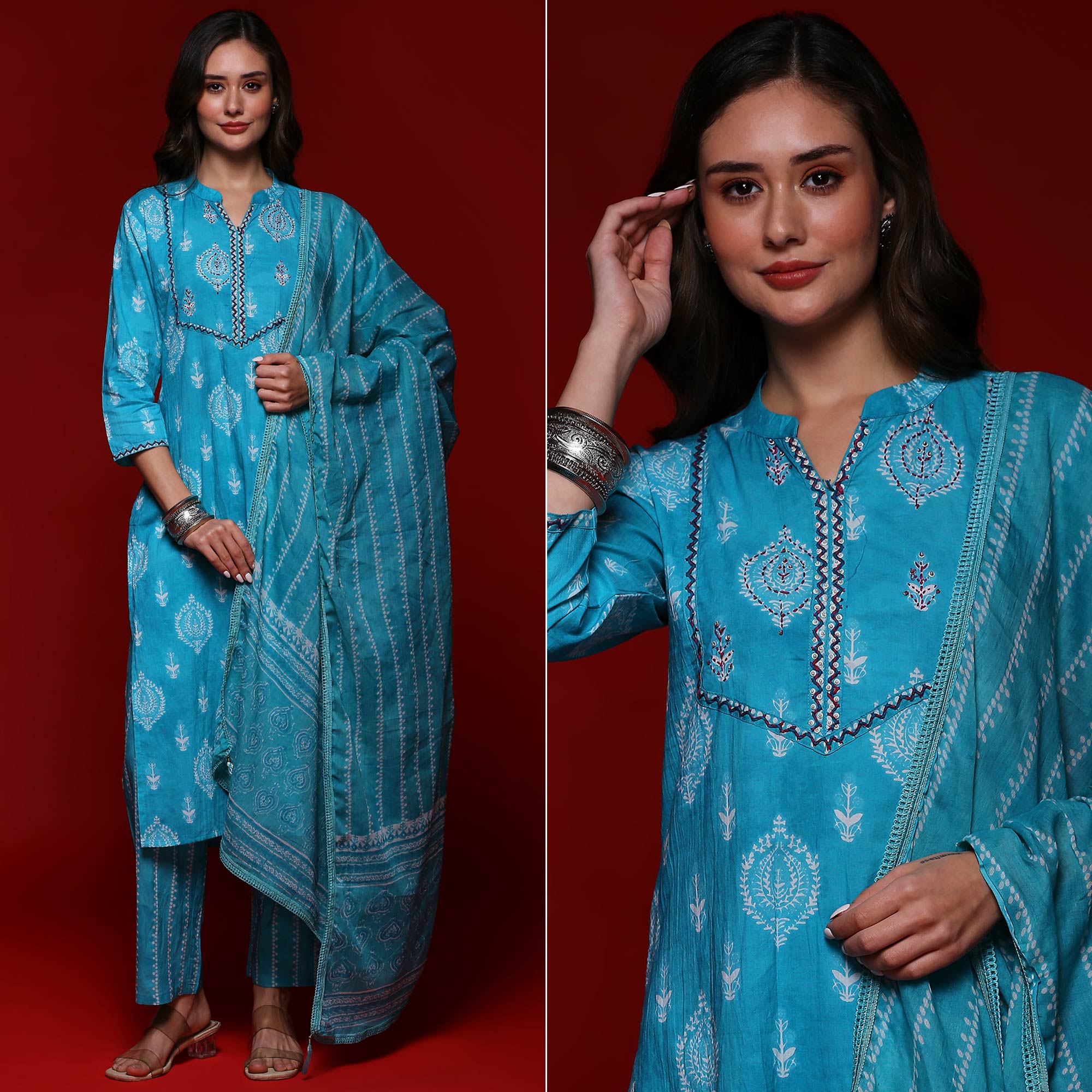 Turquoise Printed Pure Cotton Straight Salwar Suit