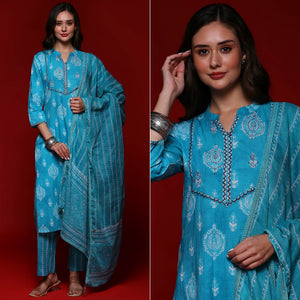 Turquoise Printed Pure Cotton Straight Salwar Suit