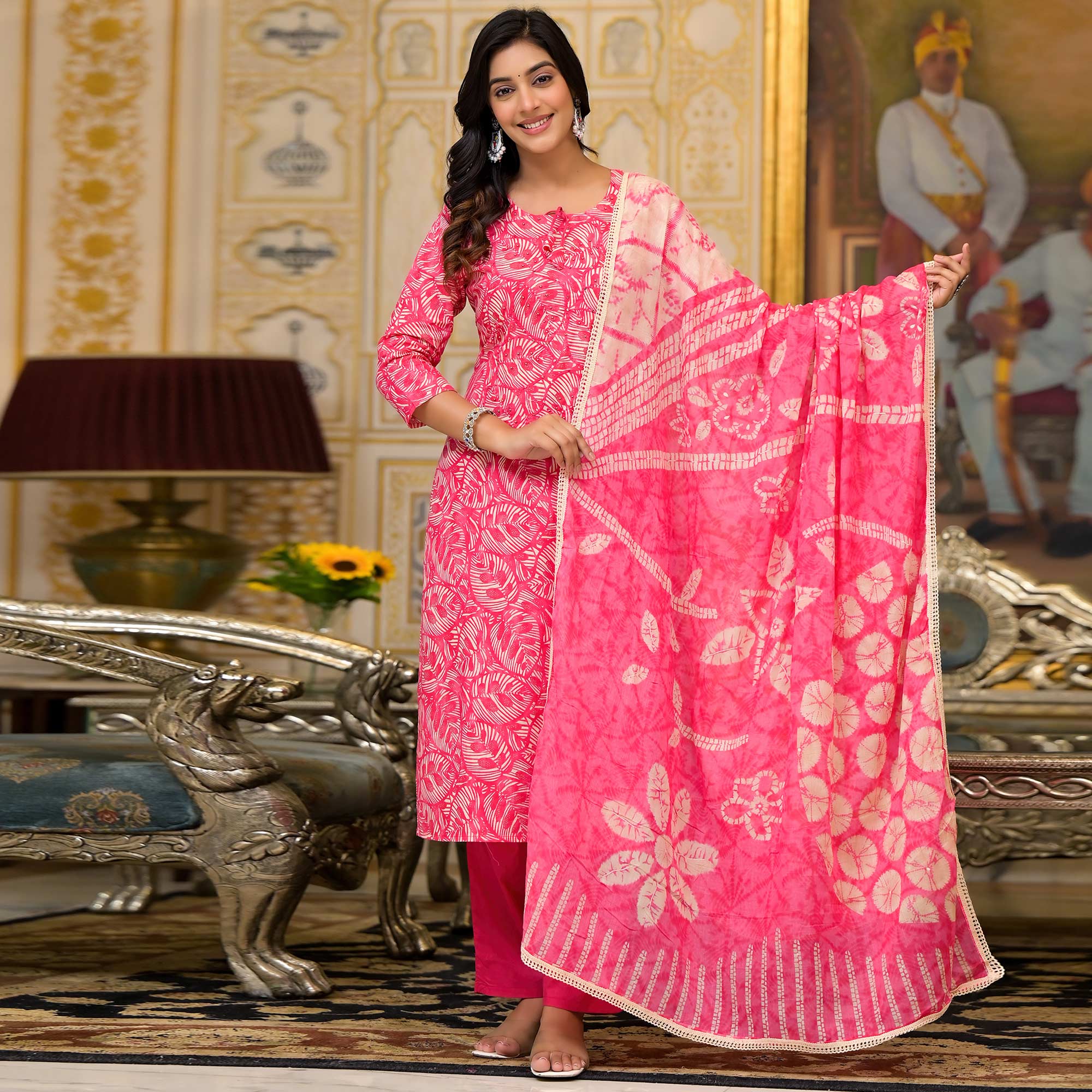Rani Pink Floral Printed Pure Cotton Straight Salwar Suit