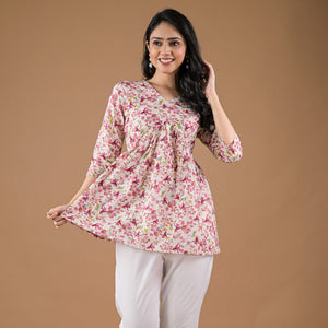 Wine Floral Printed Pure Cotton A-Line Top