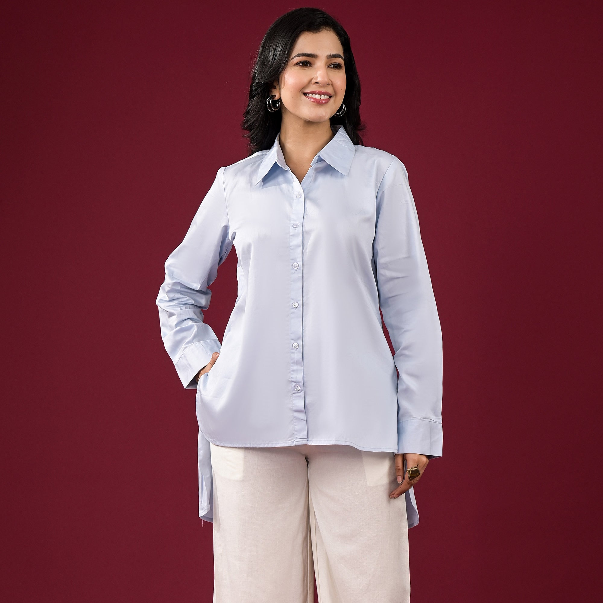 Light Blue Solid Satin High-Low Shirt