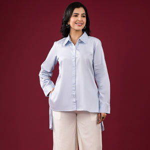Light Blue Solid Satin High-Low Shirt