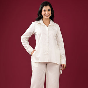 Off White Solid Satin High-Low Shirt