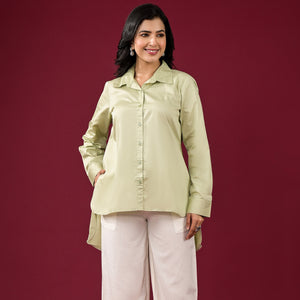 Pista Green Solid Satin High-Low Shirt