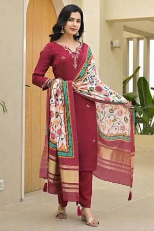 Wine Floral Embroidered Chinon Straigth Salwar Suit