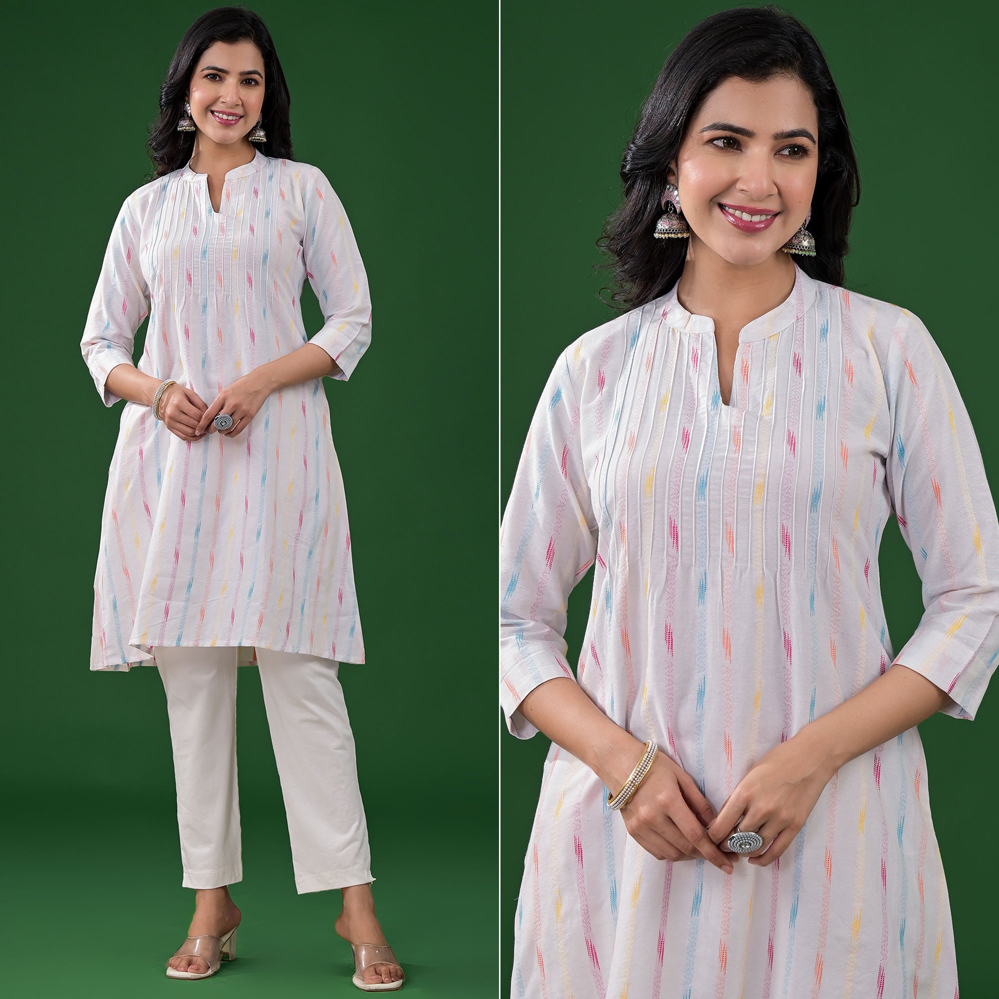 White Printed Pure Cotton A-Line Kurti