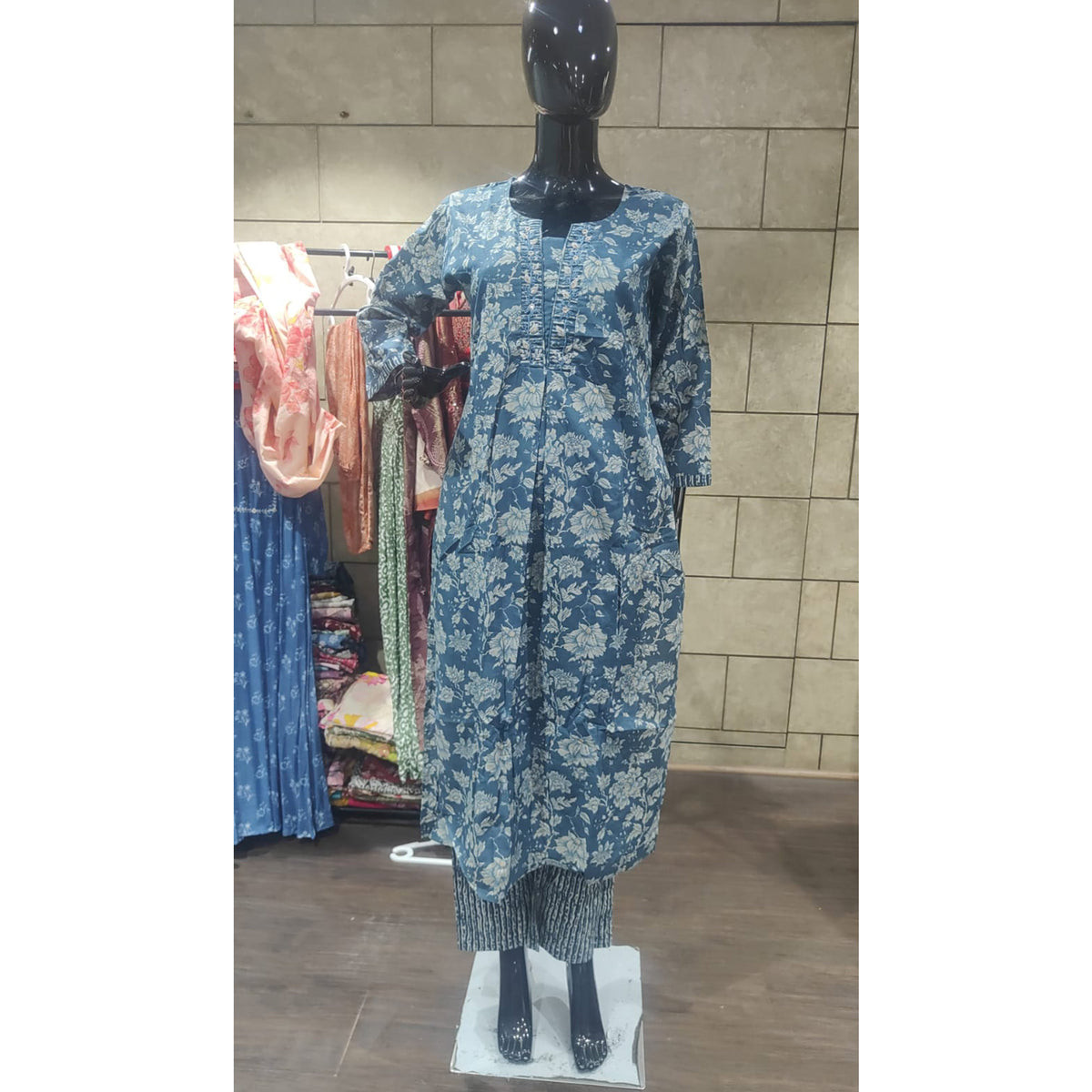 Blue Floral Printed With Katha Work Pure Cotton Straight Kurti Sets