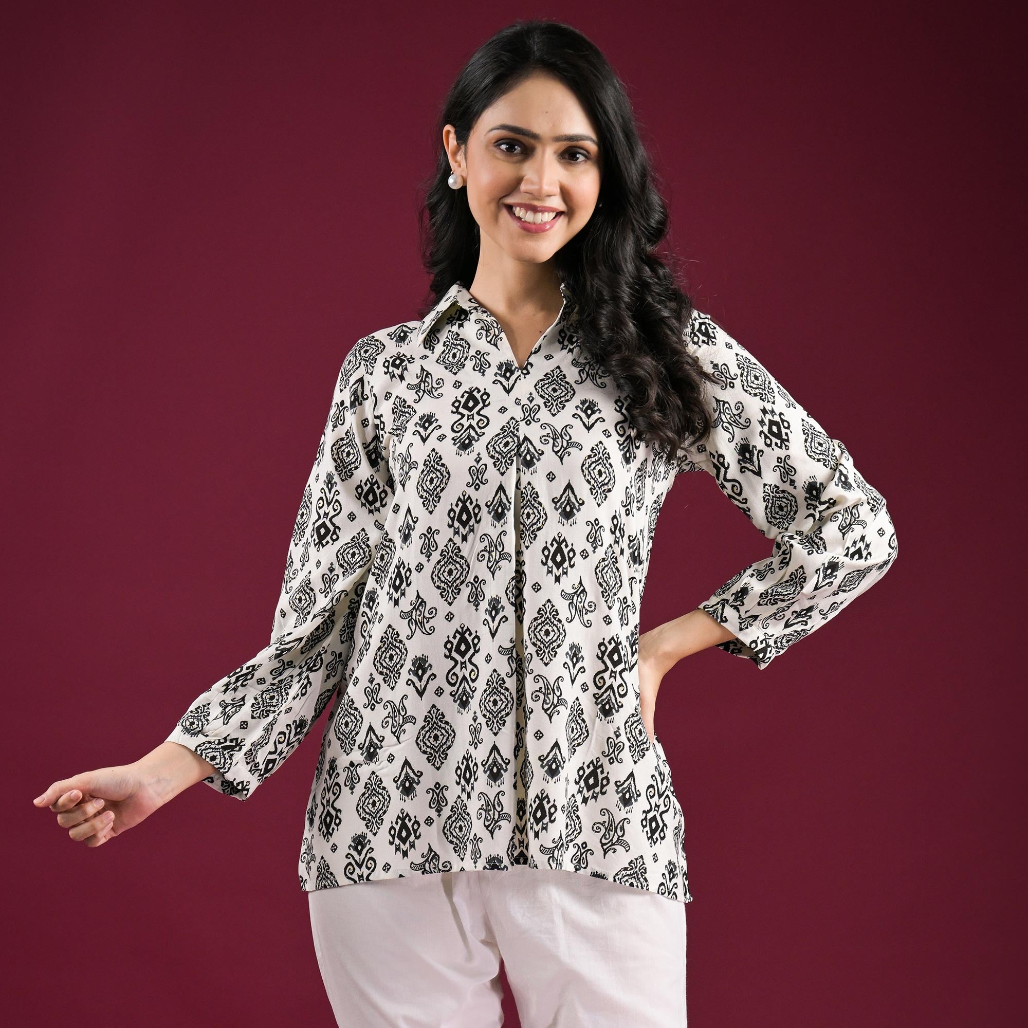 White & Black Floral Printed Rayon Top
