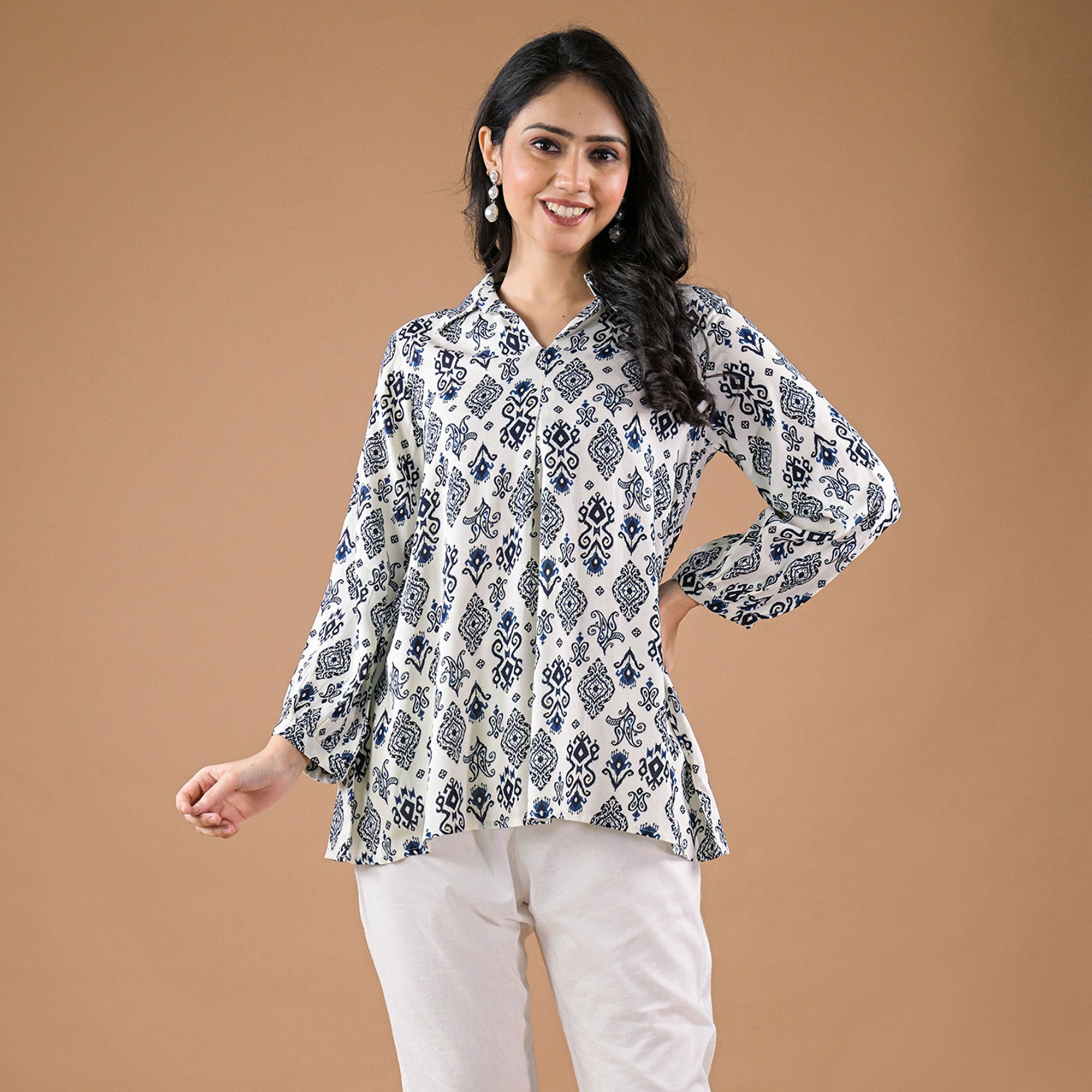 White & Blue Floral Printed Rayon Top