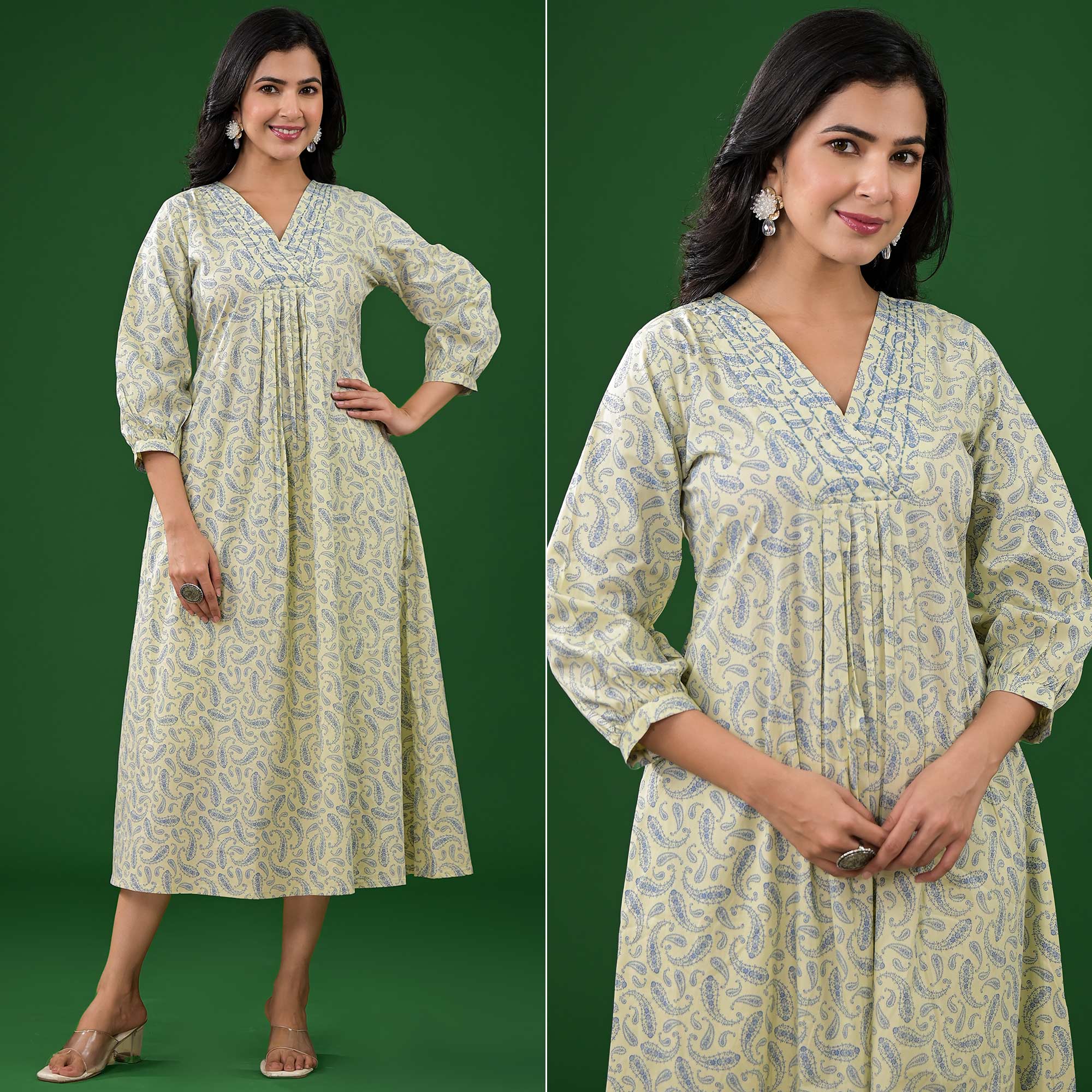 Light Lime Green Paisley Printed Pure Cotton A-Line Dress
