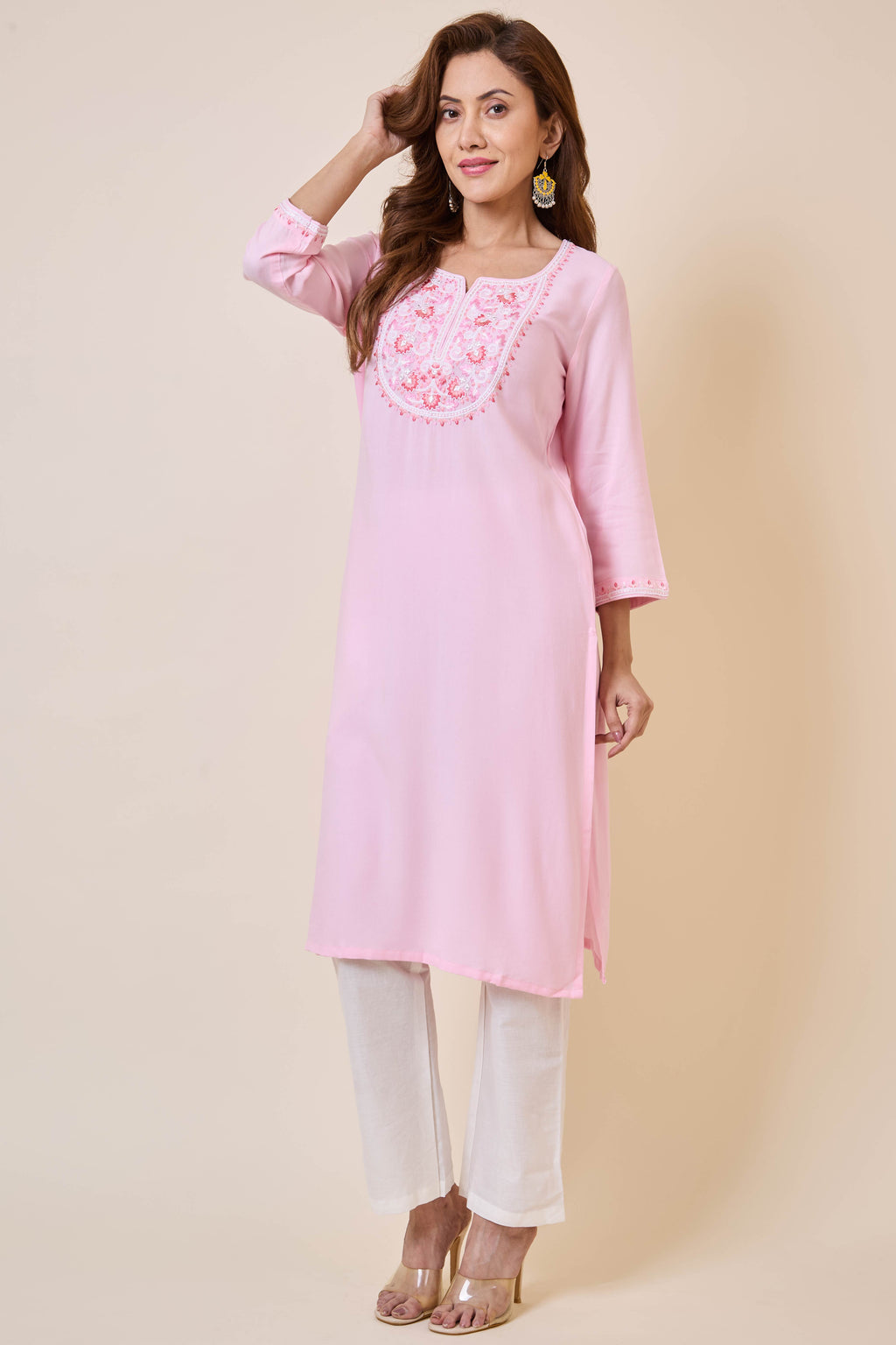 Pink Viscose Rayon Embroidered A-line Short Kurti