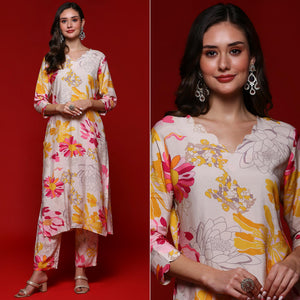 Off White Floral Printed Muslin Co-Ord Set
