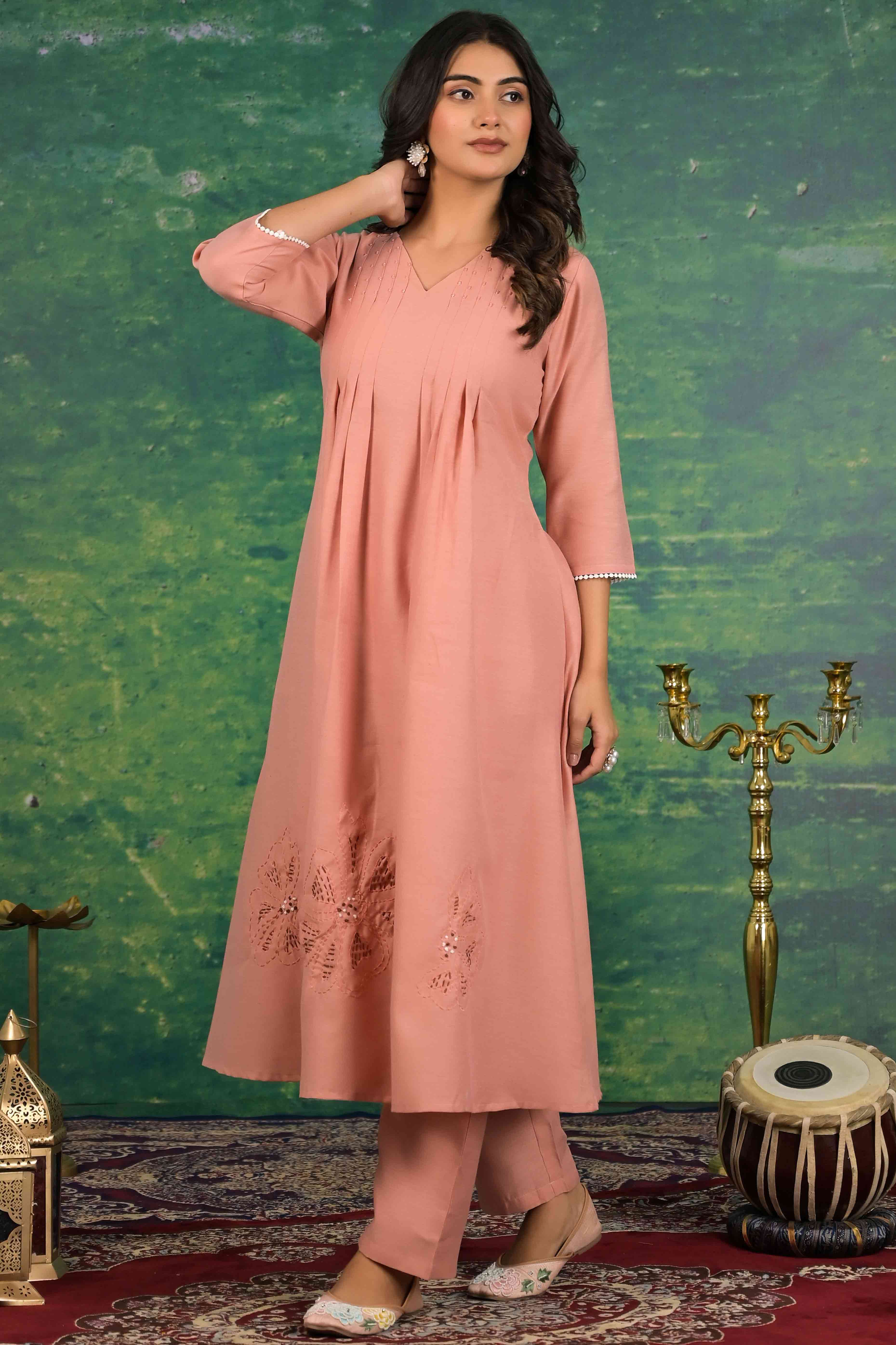 Peach Floral Embroidered Pure Cotton Top Bottom Set