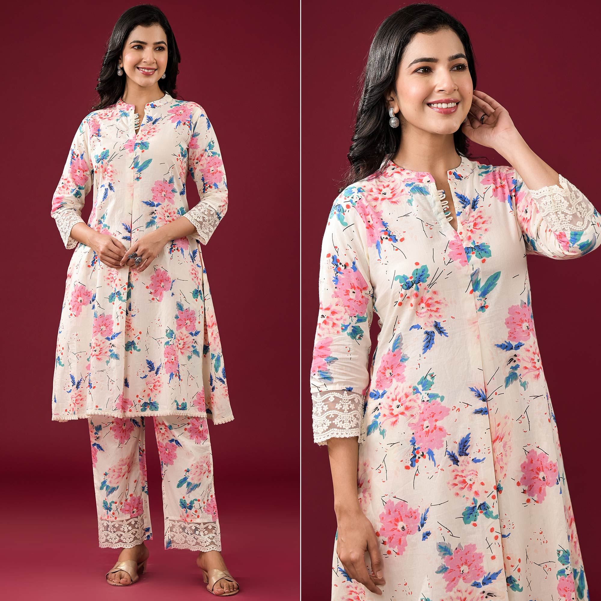 Off White Floral Printed Pure Cotton Co-Ord Set