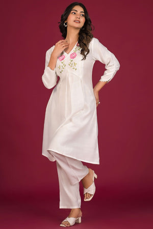 White Neck Embroidered Viscose Top Bottom Set
