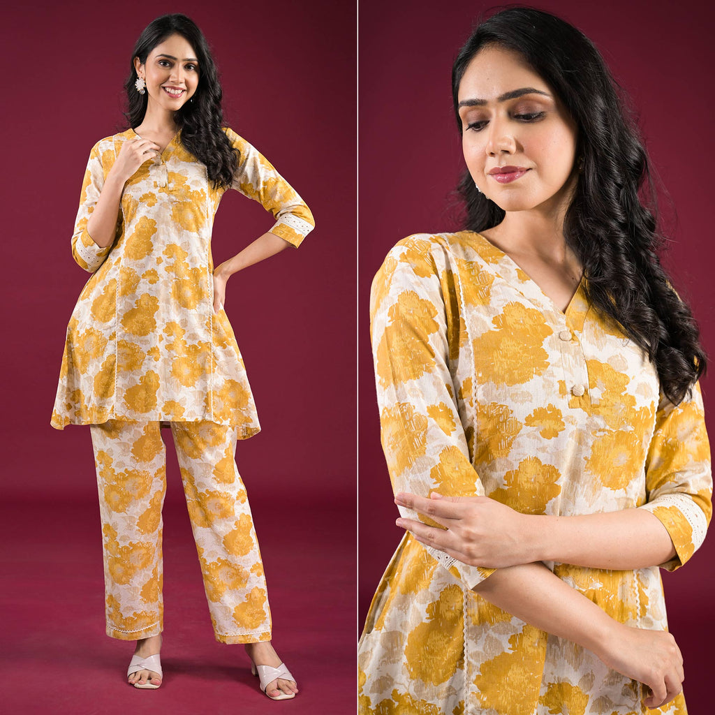 Mustard Printed Silk Blend Co-Ord Sets main image 0
