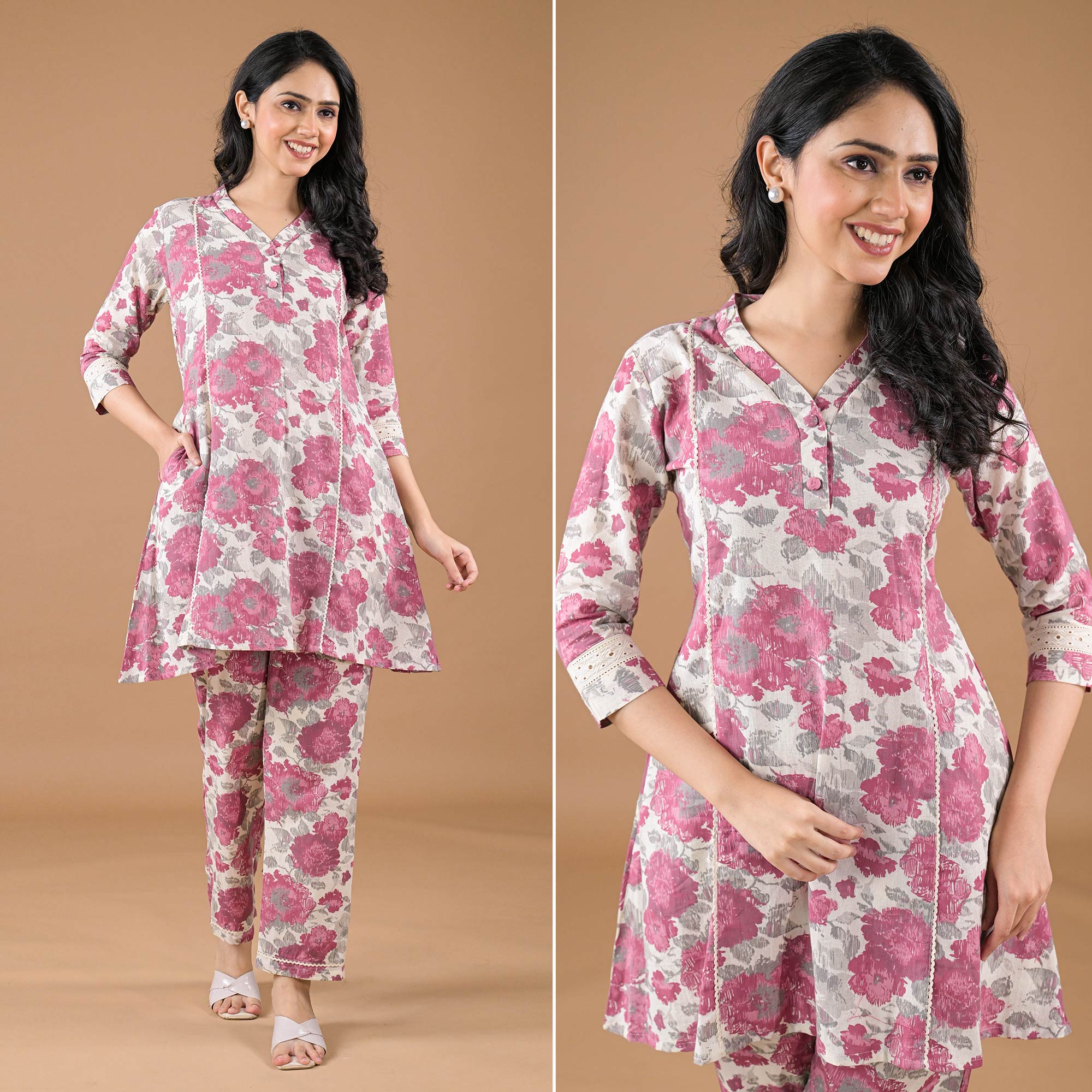 Rose Red Floral Printed Pure Cotton Co-Ord Set