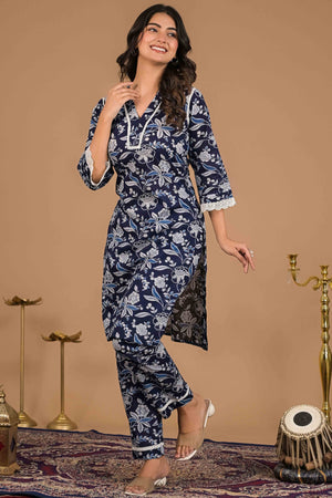 Navy Blue Floral Printed Pure Cotton Top Bottom Set