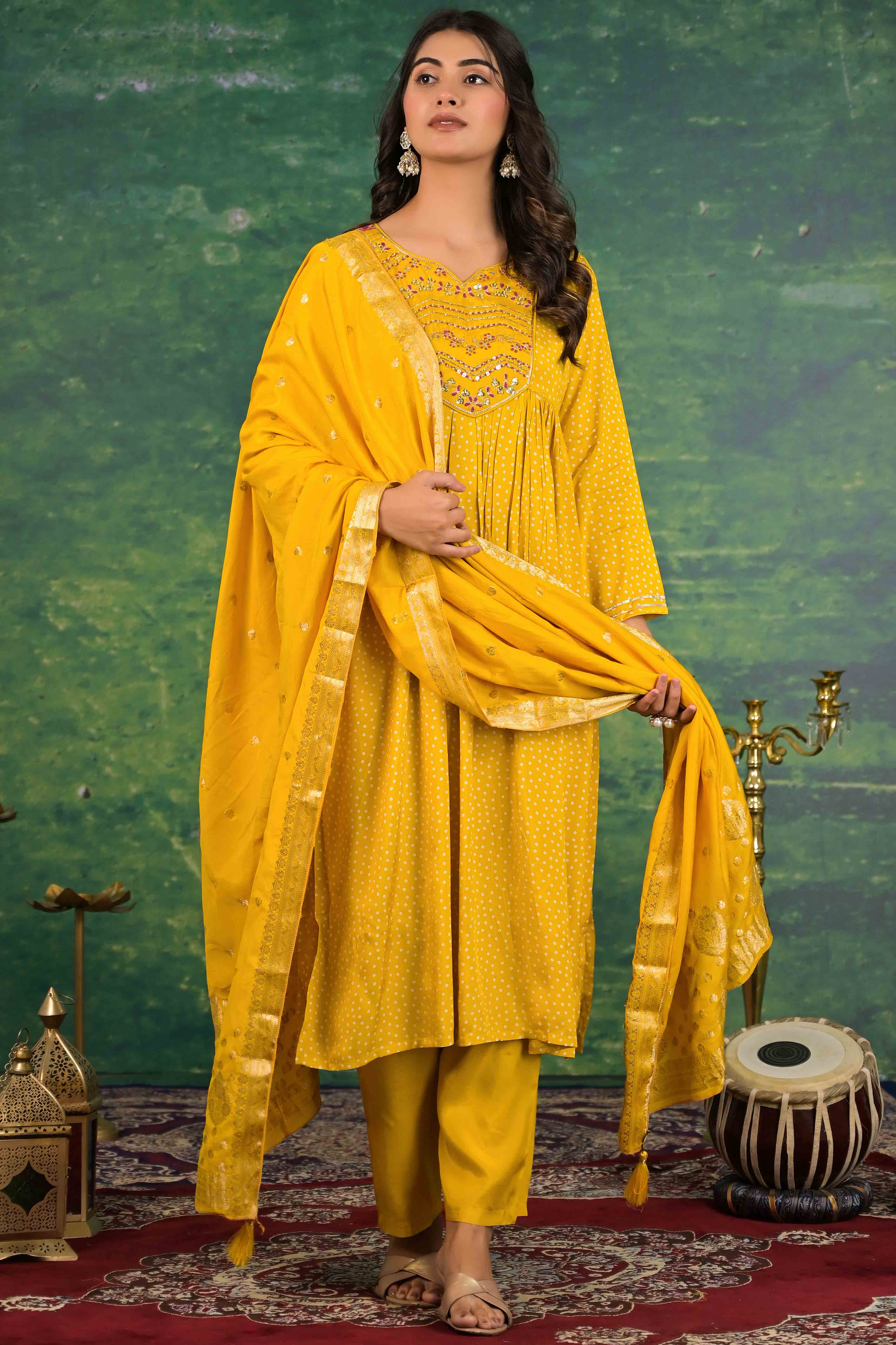 Mustard Yoke Embroidered Anarkali Muslin Salwar Suit