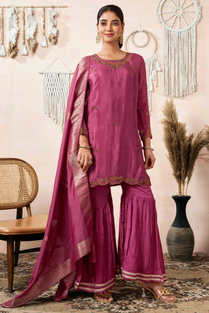 Rust Zardosi Work Embroidered Pure Chinon Sharara Suit